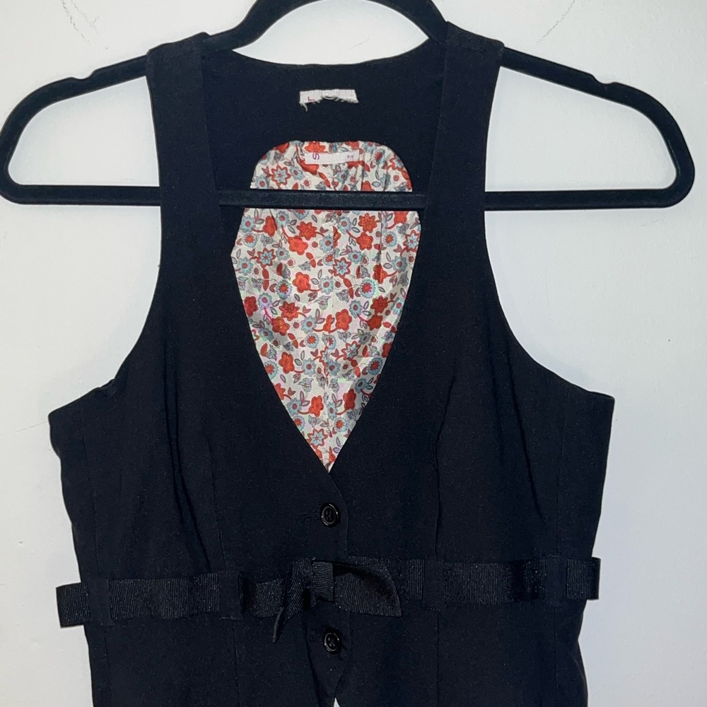 Vintage Black Vest with Floral Lining and Cute Bow